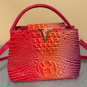 Elegant Red and Purple Croc-Embossed Shoulder Bag